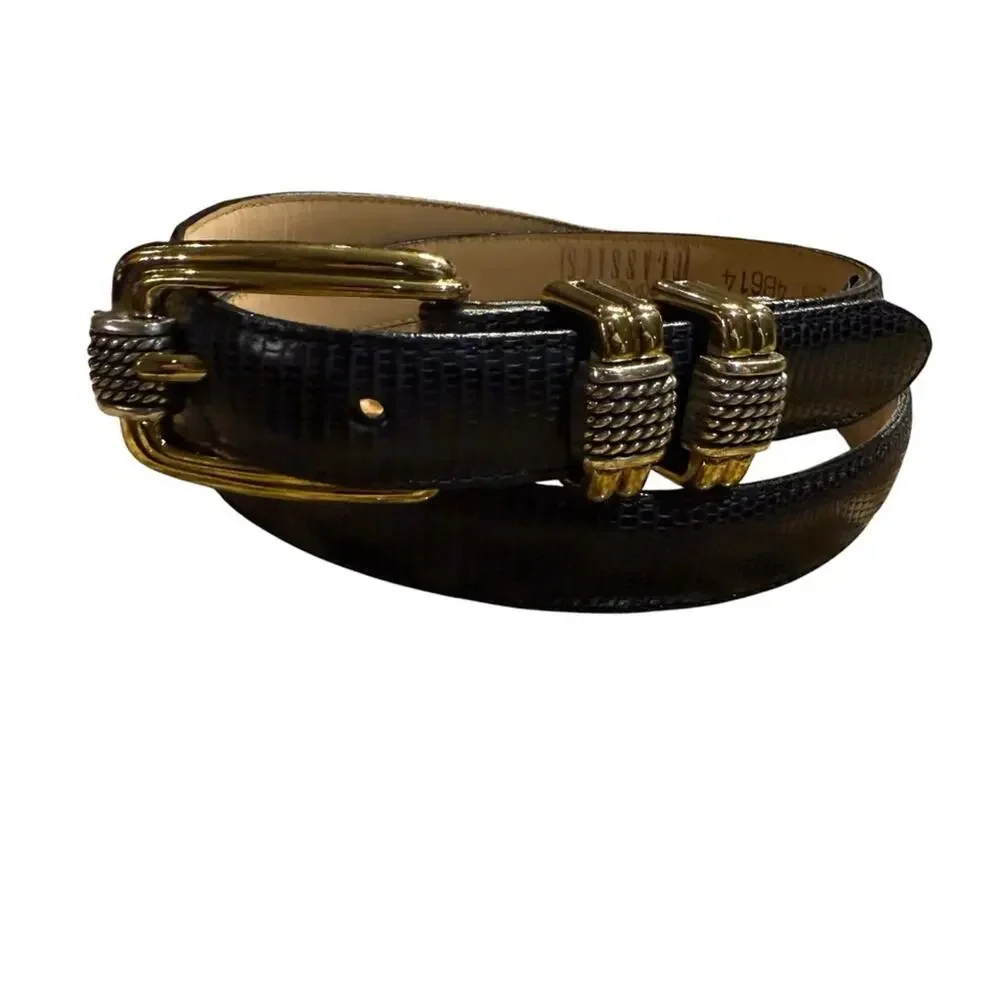 Vintage Brighton Classics Black Lizard Texture Belt Gold Buckle Womens 32